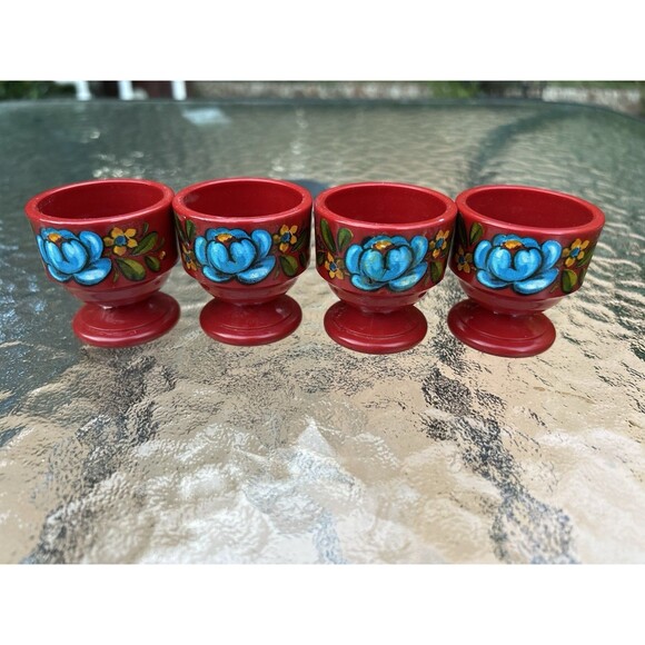 Set Of 4 Vintage Germany 70s 60s Plastic Red with Flowers Egg Cup by Emsa W. - Picture 3 of 8